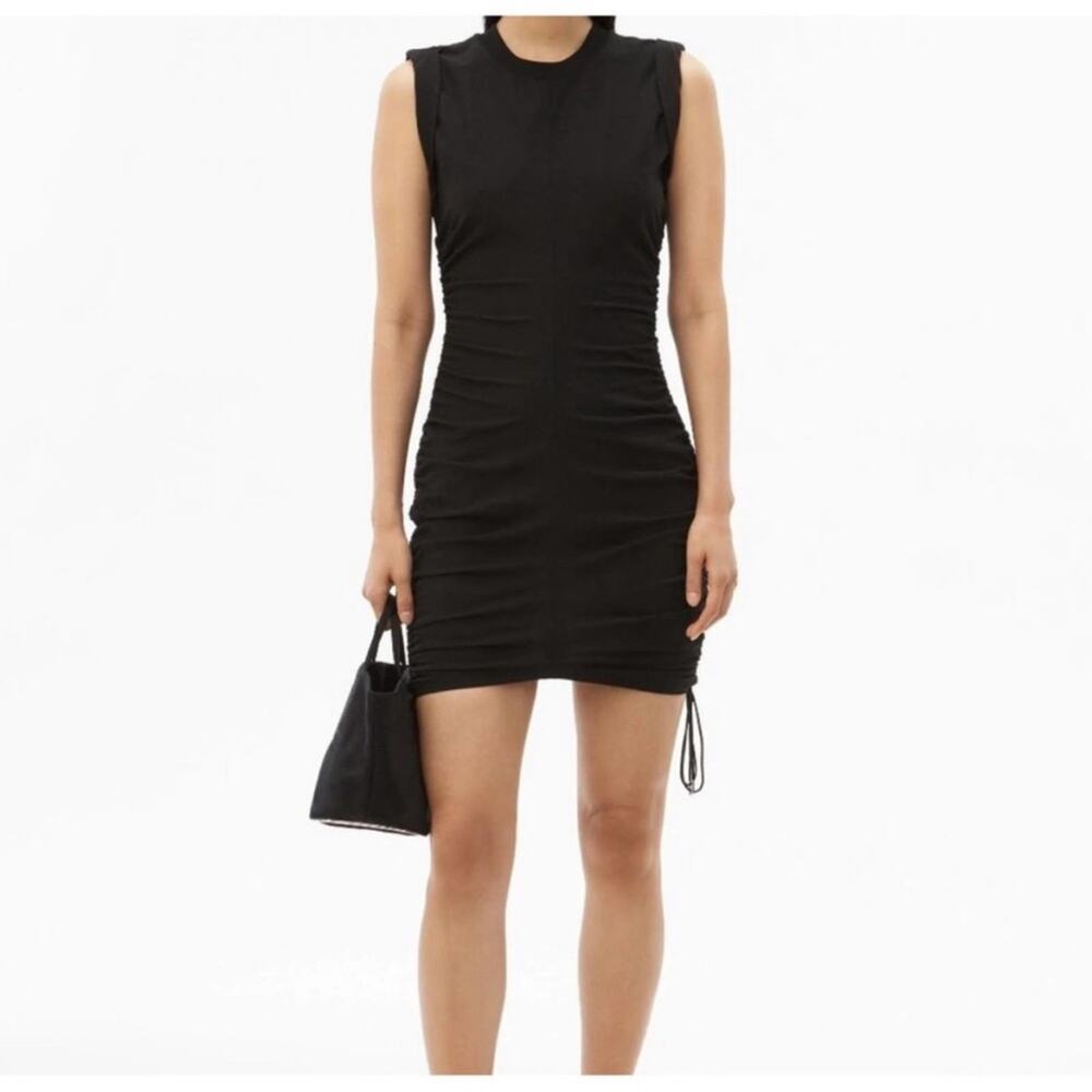 T Alexander Wang Black Crew Neck Ruched Side Drawstring Tie Mini Bodycon Dress
